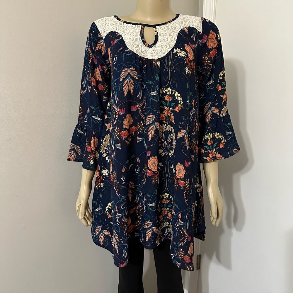 Umgee‎ Floral Boho Navy Tunic Top Mini Dress Size Small Sheer lace Cutout